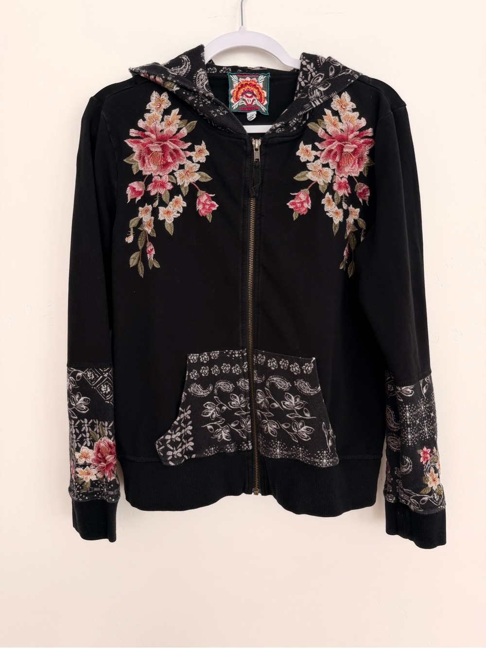 Johnny Was Black Embroidered Floral Zip-Up Jacket Hoodie S
